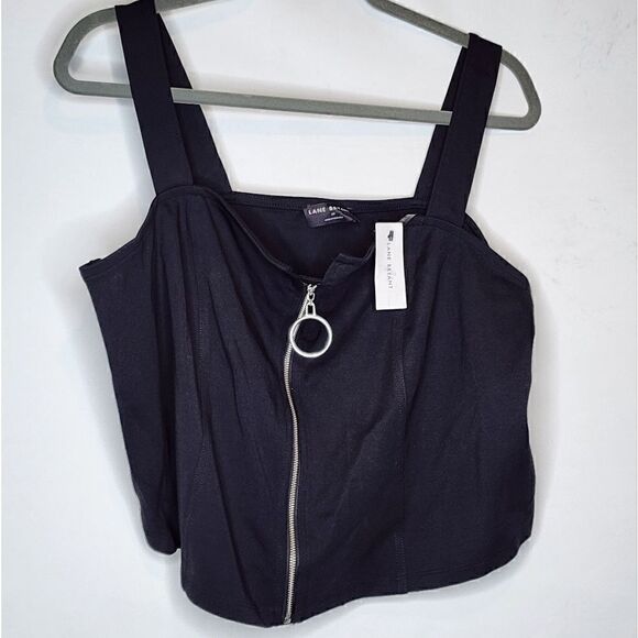 20W Black Lane Bryant Zip Crop Tank Square Neck Stretch Fitted Princess Seams NW - Picture 2 of 7